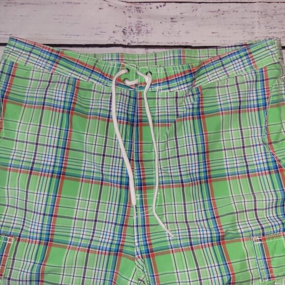 Polo Ralph Lauren Swim Trunks Size 34 Mens Green Plaid Cargo Drawstring Unlined - Picture 14 of 16